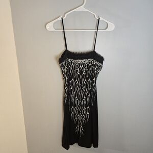 Vintage Y2K Black Burnout Slip Dress Feather Trim Spaghetti Straps Goth Grunge